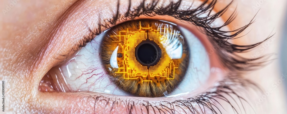 Poster Close-up human eye with artificial technology interface concept. Close-up image of a brown eye with a digital circuit pattern.