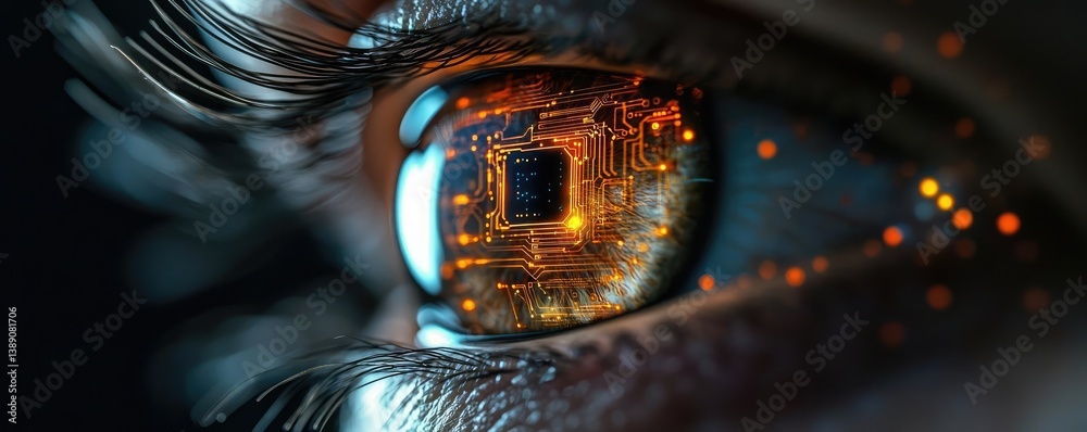 Poster close-up human eye connected to digital intelligence concept. close-up of an eye reflecting a microc