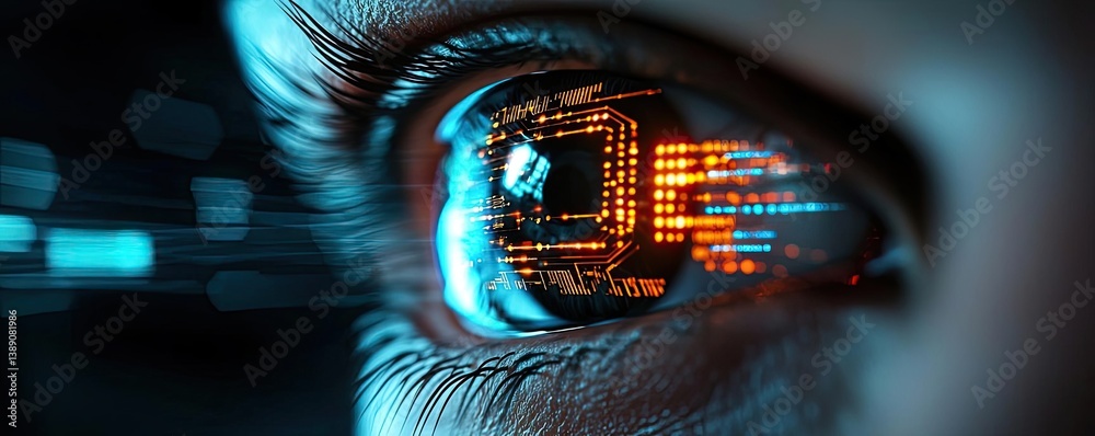 Poster close-up human eye powered by futuristic machine technology concept. close-up of an eye reflecting a