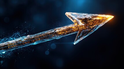 striking arrow crafted from glowing binary digits stands out against a dark backdrop. This artwork symbolizes advancement in technology, data communication, and digital innovation