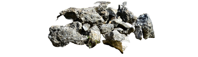 A detailed view of rugged gray rocks varying in shape and texture, interspersed with small patches of green vegetation. The natural arrangement highlights earthy tones and organic contrasts.