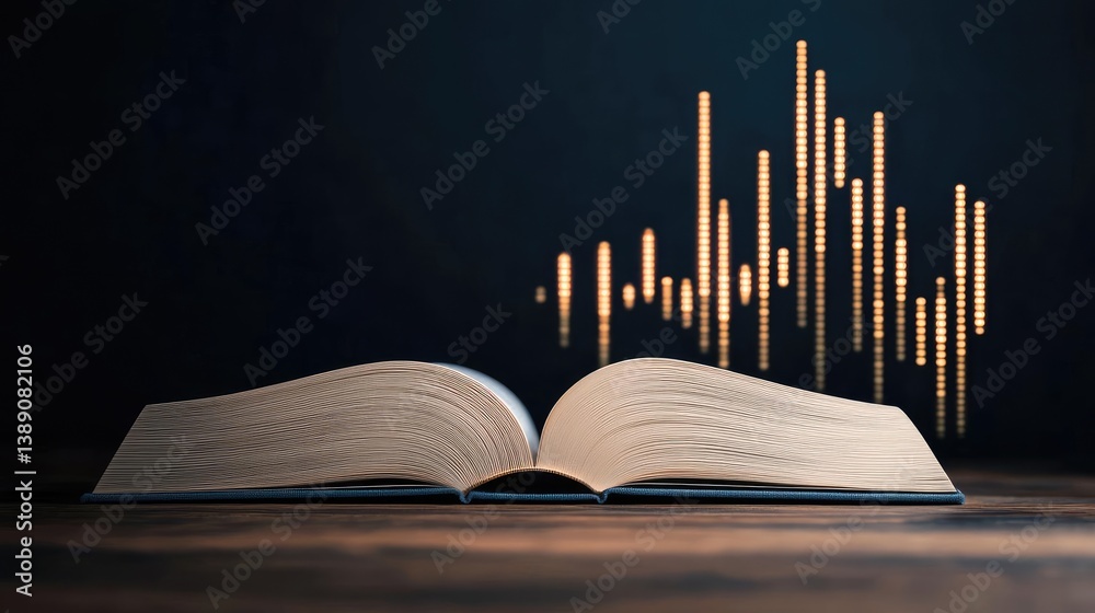 Aufkleber open book showing historical stock market with digital lights concept. an open book symbolizes knowl