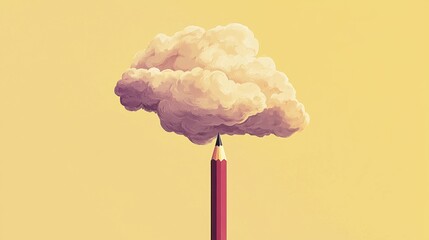Creative Concept of Pencil with Cloud on Yellow Background