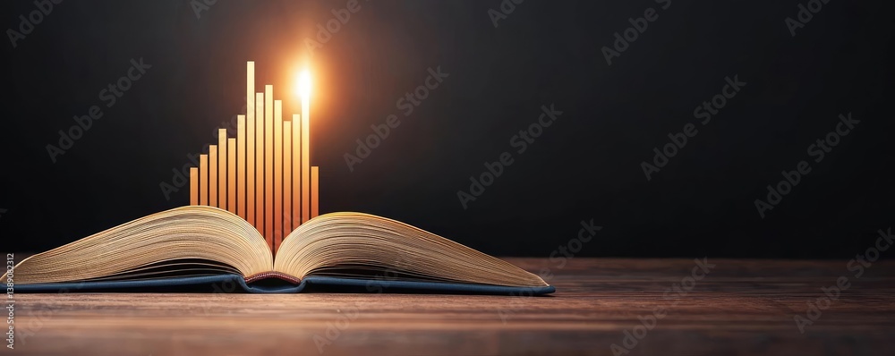 Poster Open book with vertical digital lights chart in financial reveal concept. An open book with glowing candles symbolizing knowledge and enlightenment.