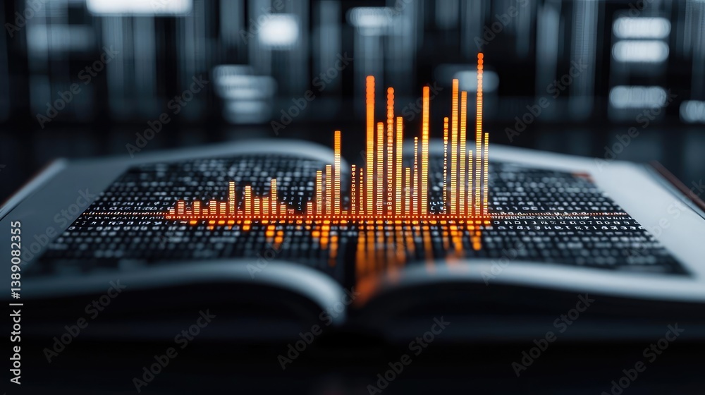 Poster Open book showing historical stock market with digital lights concept. Visual representation of data analysis in an open book.