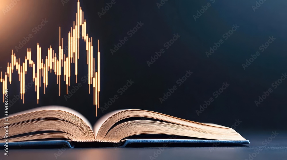 Poster open book showing historical and contemporary stock market concept. an open book with a digital fina