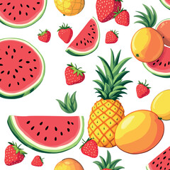 Vsai sliced watermelon, pineapple, mango and strawberries creating a vibrant summer fruits pattern