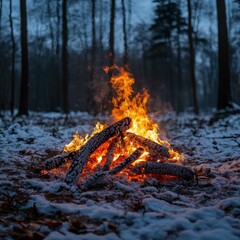 Cozy campfire glowing in snowy winter forest with blurred trees creating a warm and inviting atmosphere in the cold season