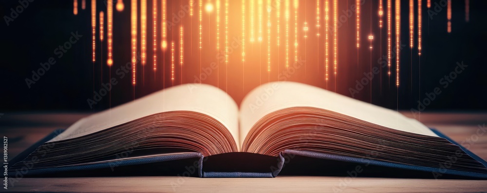 Poster open book showing historical stock market with digital lights concept. open book with glowing lines 