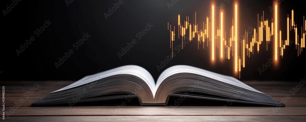 Poster open book showing historical stock market with digital lights concept. an open book with sound wave 