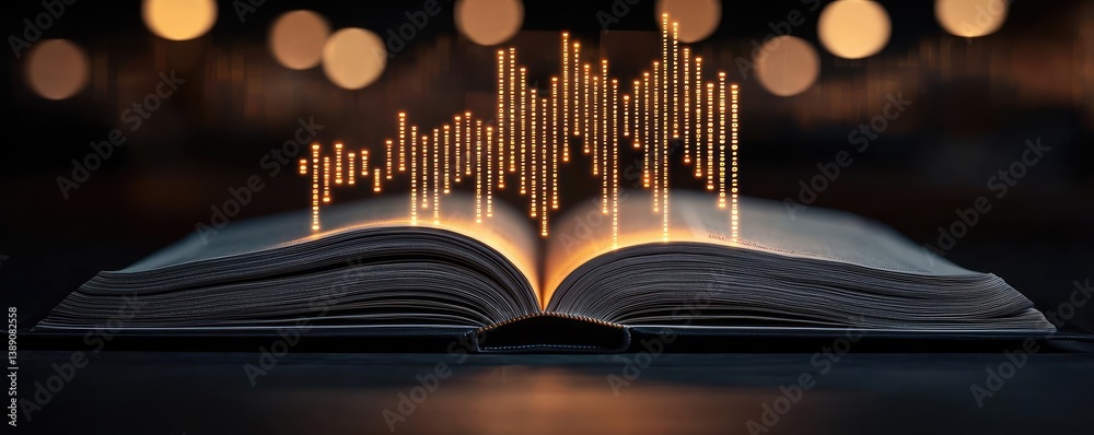 Poster Open book showing historical stock market with digital lights concept. An open book with lights and sound waves visualizing knowledge.