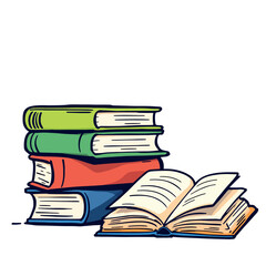 Vsai stack of colorful books with open book in front, celebrating reading and literature