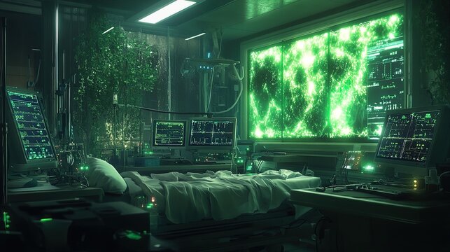 An enchanted intensive care unit glowing with energy fields and magical monitors