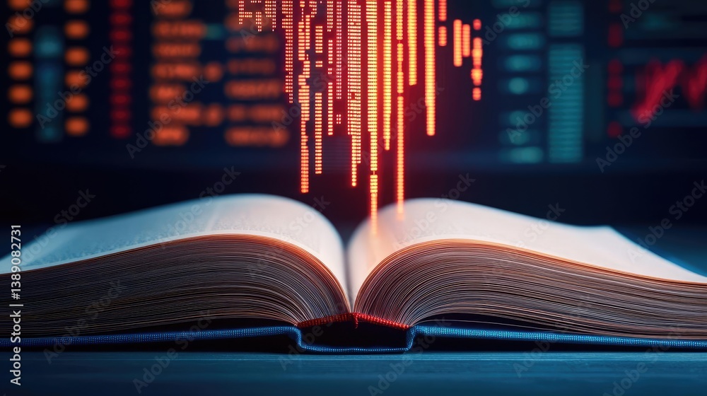 Poster open book showing historical and contemporary stock market concept. an open book with digital data v