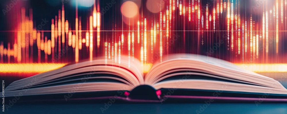 Poster Open book showing historical stock market with digital lights concept. Open book with digital graph, symbolizing knowledge and analysis.