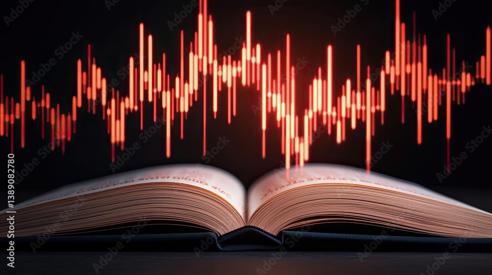 Poster Open book showing historical stock market with digital lights concept. An open book with sound waves visually represented above it.
