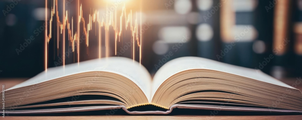 Poster open book showing historical and contemporary stock market concept. open book with financial graphs 