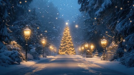 Naklejka premium Enchanted Winter Night: A Snowy Christmas Eve Walk