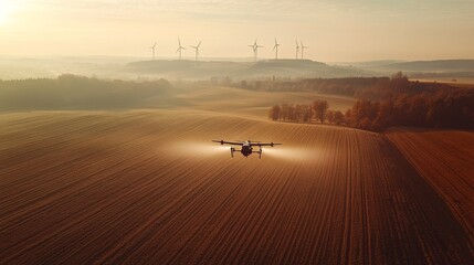 Fototapeta premium 40.A high-angle shot capturing the efficiency of a drone as it sprays pesticides over a sprawling farmland, with distant wind turbines adding a sense of modern agricultural innovation.