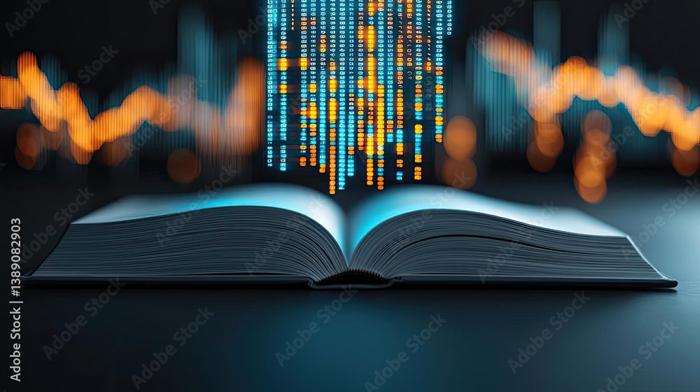 Aufkleber Open book with vertical digital lights chart in financial reveal concept. Open book with digital data streams emerging above its pages.