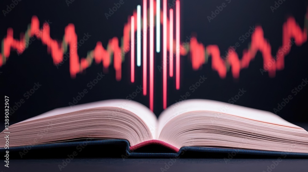 Poster Open book showing historical stock market with digital lights concept. An open book with sound wave graphics symbolizing knowledge.