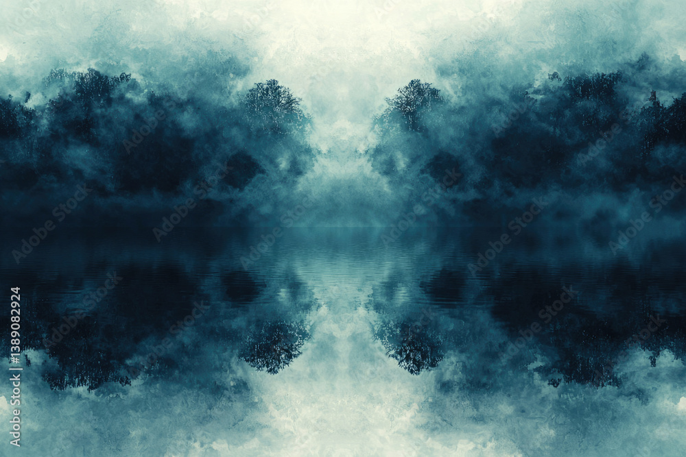 Poster mystical reflection of a foggy forest on a still, dark lake, creating a surreal and dreamy atmospher