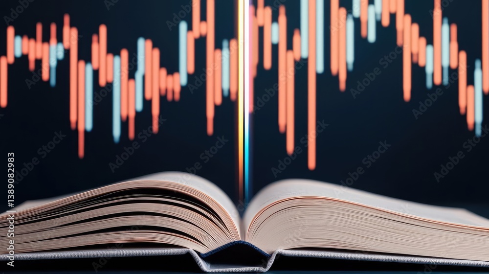 Poster Open book showing historical stock market with digital lights concept. Open book with financial graphs representing data analysis.