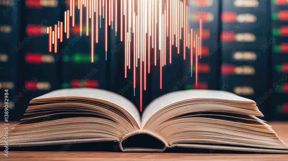 Aufkleber Open book showing historical stock market with digital lights concept. An open book with audio waveforms representing knowledge transfer.