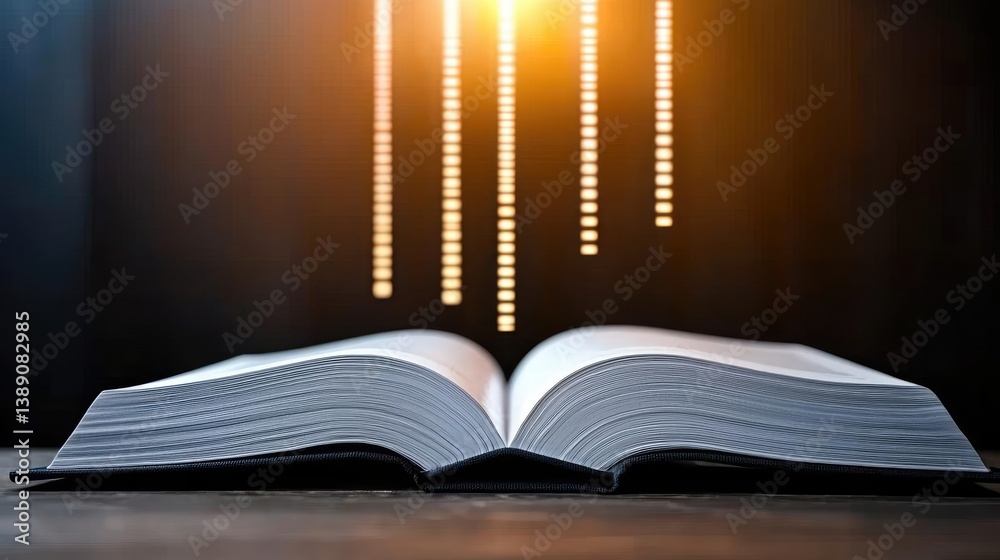 Aufkleber open book showing historical stock market with digital lights concept. open book with illuminated te