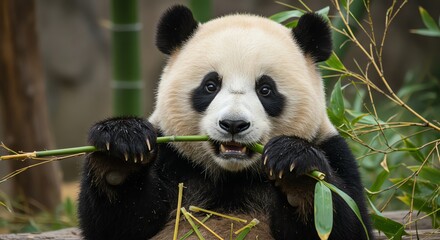 Obraz premium Panda Eating Bamboo in Nature