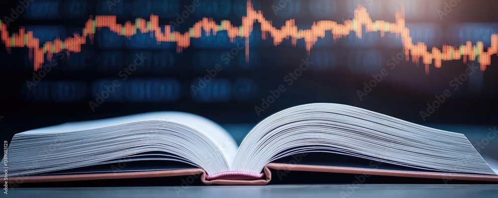 Poster open book showing historical and contemporary stock market concept. an open book with a stock market