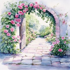 Fototapeta premium A watercolor painting depicts a floral archway and a garden path