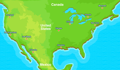 Editable vector map of the United States, Canada, and Mexico. Fully layered and customizable, perfect for presentations, infographics, educational use, and professional design projects.