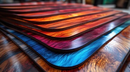 Vibrant wooden surfboard blanks are stacked neatly in a workshop. Each blank features unique colors and textures, showcasing the beauty of craftsmanship and design in surfboard making