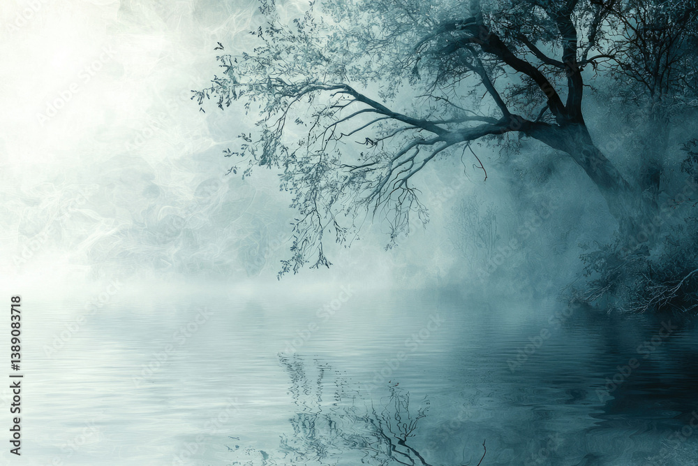 Poster misty morning scene with a lone tree reflected in a serene lake, creating a mystical atmosphere.