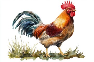 Fototapeta premium A colorful watercolor painting depicts a rooster in full vibrant display