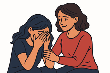 Emotional Support Vector Illustration: Woman Comforting Crying Friend with Gentle Touch, Mental Health Awareness Concept, Empathetic Friendship Moment, Minimalist Contemporary Line Art Style