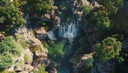 Aerial view of a secluded waterfall cascading into a pristine pool, surrounded by lush green forest and rocky cliffs.  Nature's tranquility captured from above.