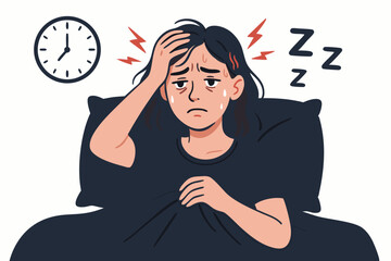 Sleepless Night Struggle Vector Illustration: Young Woman with Insomnia and Headache in Bed, Showing Stress, Anxiety and Sleep Disorder Symptoms with Clock and Lightning Bolts, Modern Flat Design