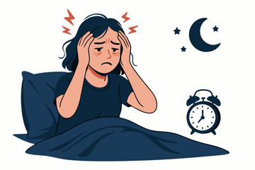 Sleepless Night Suffering Woman with Migraine Headache Illustration, Tired Female Character in Bed with Insomnia and Pain, Health Problem Vector Graphic with Moon and Alarm Clock, Medical Concept Art