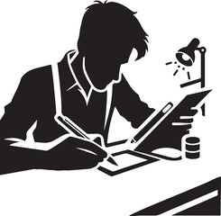 Silhouette vector of a graphic designer creating content at a desk with tools, ideal for creative work, digital design, and branding visuals.