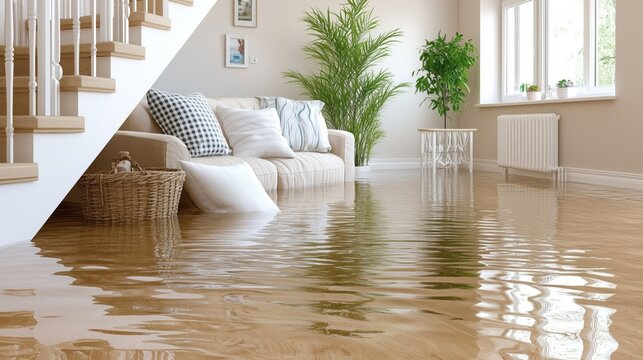Water covers the floor of a living room due to severe flooding, impacting a white couch, decorative pillows, and indoor plants next to a window, highlighting damage caused by natural elements