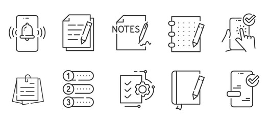 Note and task line icons. Checklist, document, notepad, list etc. Editable. vector