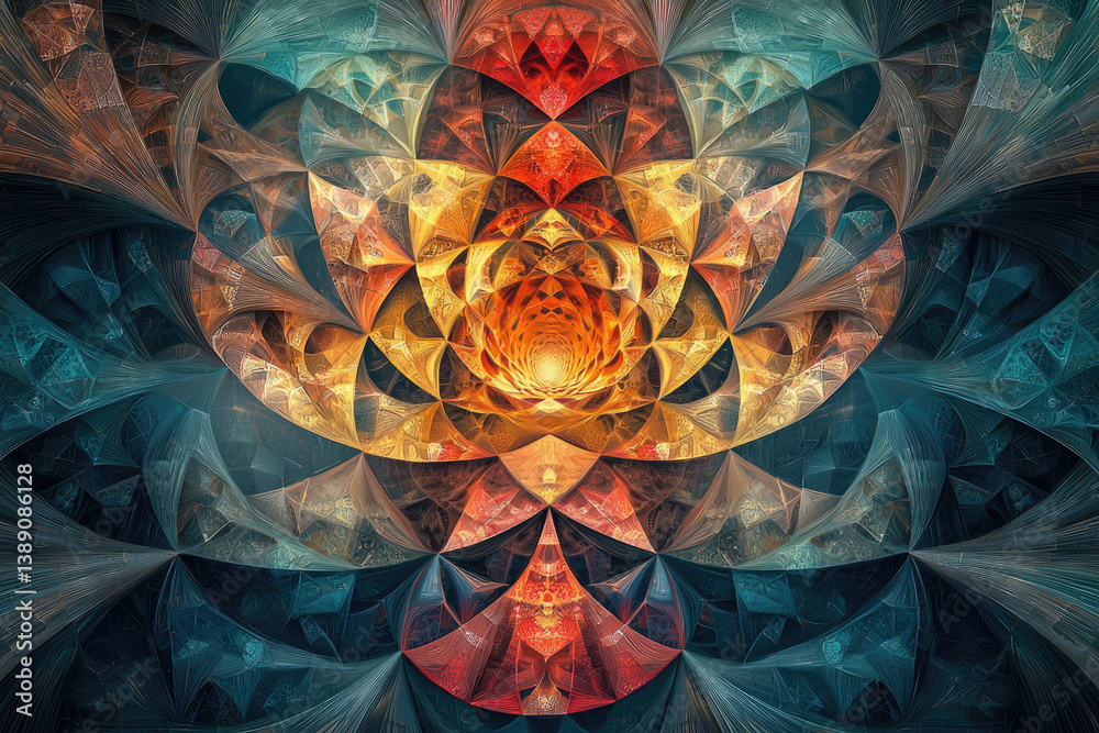 Poster Intricate fractal art showcasing symmetrical patterns and vibrant color gradients, creating a mesmerizing visual experience.