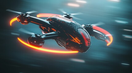 Fototapeta premium 70.A drone suspended mid-air in a dimly lit environment, with its rotating blades barely visible, highlighting the sharp edges and intricate design of its body.