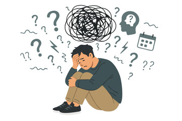 Overwhelmed Man Struggling with Anxiety and Mental Health: Vector Illustration of Stress, Confusion, and Emotional Turmoil for Psychology and Wellness Concepts