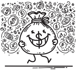 Cartoon person with a bag of money. Launder money line icon. Cash corruption sign. Tax avoidance symbol. Launder money. Doodles