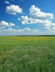 Expansive wildflower meadow under a vast blue sky with fluffy clouds creating a serene idyllic landscape scenic vista and vibrant natural beauty