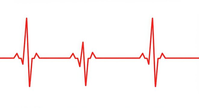 Striking red ECG heartbeat line on white background symbolizing cardiac rhythm and vital sign monitoring in medical settings