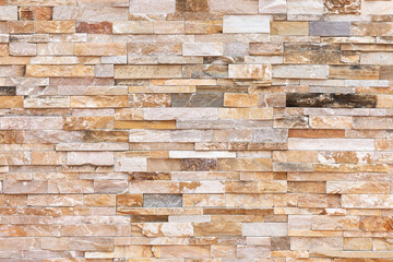Natural Stone texture background. Beige brown color. Square rectangle shape in horizontal row stripe. Material for architectural decoration, wall cladding panel for facade, hotel, pool villa, resort.